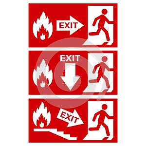 VECTOR. Set of safety signs. Exit sign. Emergency fire exit door and exit door. The icons with a white sign on a green / red backg