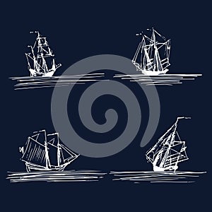 Vector set of sailing ships or boats in the sea. Hand sketched schooners, sloops, brigantines. Marine theme design.