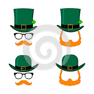 Vector set of Saint Patrick`s Day character leprechaun with green hat, red beard and no face. Design elements for St