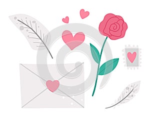 Vector set of Saint ValentineÃ¢â¬â¢s day symbols. Collection of cute objects with love concept. Letter, feather, rose and hearts