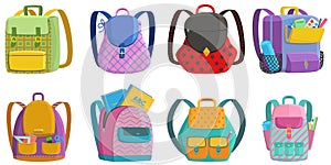 Vector set of school backpacks with pockets and supplies in cartoon style