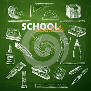 Vector set of school items on a chalkboard