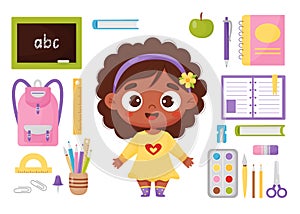 Vector set school items and schoolgirl. Cute happy black ethnic girl and study supplies. Backpack, blackboard, book