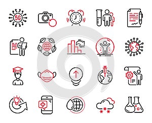 Vector Set of Science icons related to Chemistry lab, Snow weather and Medical mask. Vector