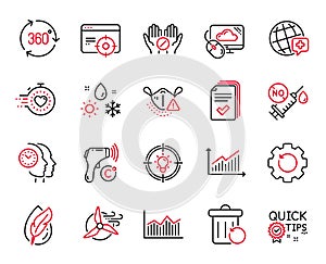 Vector Set of Science icons related to Coronavirus vaccine, Seo targeting and Electronic thermometer. Vector