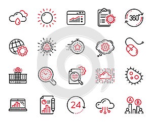 Vector Set of Science icons related to Graph laptop, Full rotation and Report document. Vector