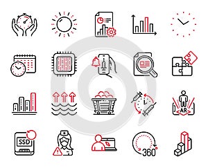 Vector Set of Science icons related to Sun energy, Calendar time and Report. Vector