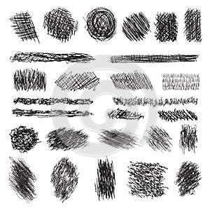 Vector set of scribble brushes. Collection of ink lines, set of hand drawn textures, scribbles of pen, photo