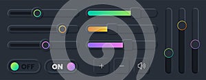 Scroll bars set , brightness sliders, turn on and off toggle switch buttons for website