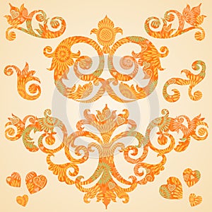 Vector set of scrolls and vignettes in Victorian style.