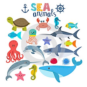 Vector set of sea creatures. Cute cartoon animals