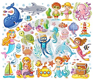 Vector set on a sea theme in a children`s style.