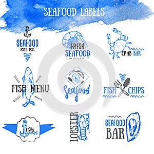 Vector set of seafood labels and signs