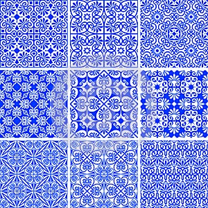 Vector set of seamless ancient and modern greek blue patterns on a white background. Samples in swatches palette