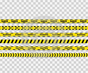 Vector set of seamless caution tapes. Warning tape, danger tape, caution tape, danger tape, under construction tape.