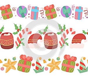 Vector set of seamless festive borders. Frame with candles, santa hat and sock, christmas gifts, decoration and confetti.