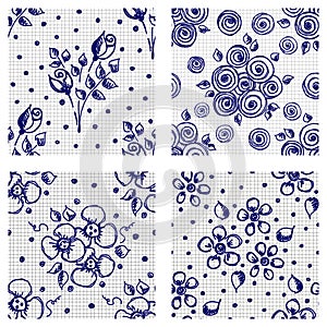 Vector set of seamless floral pattern with flowers, leaves, decorative elements, splash, blots, drop Hand drawn contour lines and