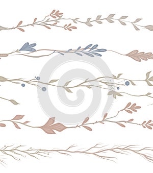 Vector set of seamless herb borders. Brush set of twigs and flowers isolated from the background. Natural elements