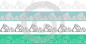 Vector set of seamless horizontal borders from a bunny and a hare drawn by one line; cute gray rabbits; hand drawn. Happy easter,