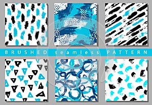 Vector Set of seamless pattern with brush stripes and strokes. Black blue color on white background. Hand painted grange