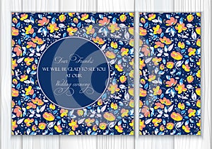 Vector set of seamless pattern and greeting card or invitation with lovely abstract coral, yellow flowers and blue, purpur leaves