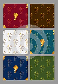 Vector set of seamless pattern with stylized golden elephant head in Indian style on color background