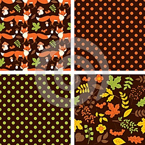 Vector Set of Seamless Patterns with Cute Fox, Mushrooms, Berries, Leaves and Polka Dot