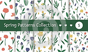 Vector set of seamless patterns with different flower elements. Pack of garden repeating background with decorative plants.