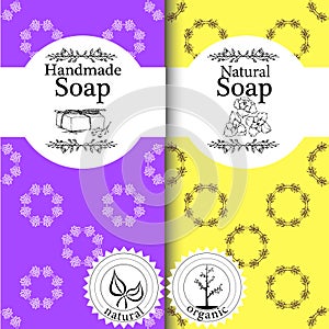 Vector set of seamless patterns, labels and logo design templates for handmade natural soap packaging and wrapping paper