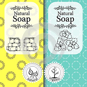 Vector set of seamless patterns, labels and logo design templates for handmade natural soap packaging and wrapping paper