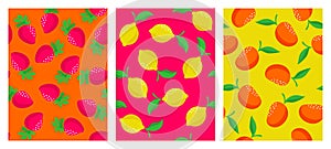 Vector set of seamless patterns with ripe strawberry, lemon and mango. Vivid color prints for fabric or wallpaper