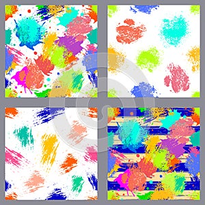 Vector set of seamless patterns, tiles with inc splash, blots, smudge and brush strokes. Grunge endless template for web backgroun