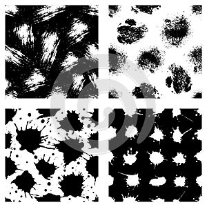 Vector set of seamless patterns, tiles with inc splash, blots, smudge and brush strokes. Grunge endless template for web backgroun