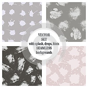 Vector set of seamless patterns, tiles with inc splash, blots, smudge and brush strokes. Grunge endless template for web backgroun