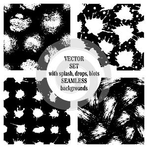 Vector set of seamless patterns, tiles with inc splash, blots, smudge and brush strokes. Grunge endless template for web backgroun