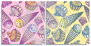 Vector set of seamless patterns with wonderful colorful cupcake, ice cream, flavor of Blue Curacao, banana, mint, blueberry. Hand-