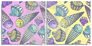 Vector set of seamless patterns with wonderful colorful cupcake and ice cream, flavor of lemon, mint, blueberry. Hand-drawn,