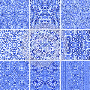 Vector set of seamless traditional and modern greek blue patterns on a white background. Samples in swatches palette