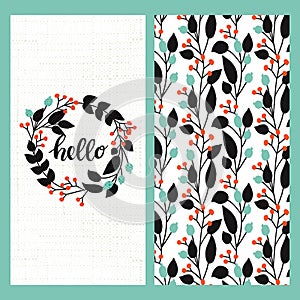 Vector set with seamless vector flower hand drawn pattern and light background with circle flower frame with hand drawn word hello