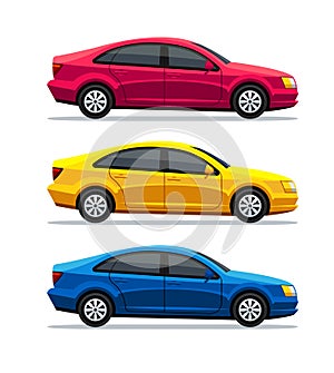 Vector set of sedan car isolated on white background. Side view. The design concept for a taxi, new car buying, traffic