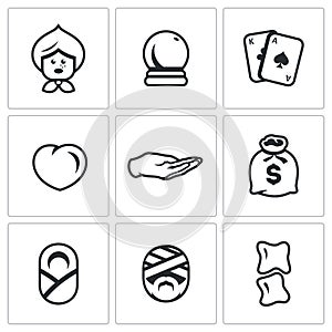 Vector Set of The Seer and Healer Icons. Grandma, Magic Ball, Tarot, Love, Divination palm, Wealth, Midwife, Healing