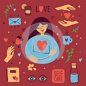 Vector set of self care icons with cute illustrations about love to yourself