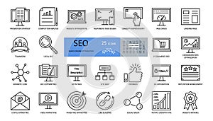 Vector set of SEO optimization icons with editable stroke. strategy, competitor analysis, responsive web design, usability