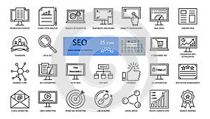 Vector set of SEO optimization icons with editable stroke. strategy, competitor analysis, responsive web design, usability photo