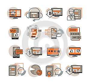 Vector set of SEO targeting, performance, monitoring icons. Search and review analysis results icons. E commerce marketing and