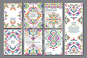 Vector set of seven cards. Ethnic ornate pattern with geometric shapes.