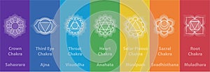 Vector set of seven chakras with color, simple flat design. Symbols for spa, meditation and yoga