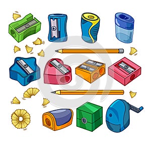 Vector set of sharpeners, pencils and shavings . Isoleted backgroud