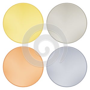 Vector set of shiny round blank templates, for coins, medals, buttons, labels of gold platinum silver bronze.