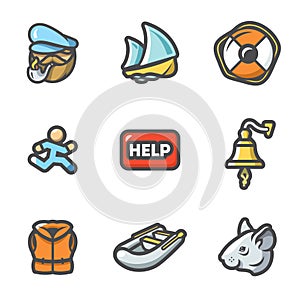 Vector Set of Shipwreck Icons. Captain, Ship, Rescue, Escape, Help, Distress, Tocsin, Life jacket, Evacuation, Rat.